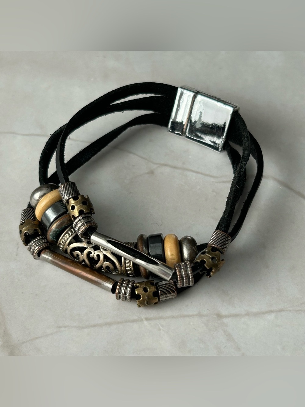 Multi-Strand Black Suede Bracelet with Mixed Metal Beads